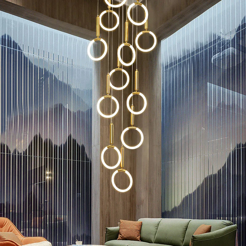 Afralia™ Modern Golden Round Acrylic Chandelier for Duplex Living Room, Kitchen, Staircase.