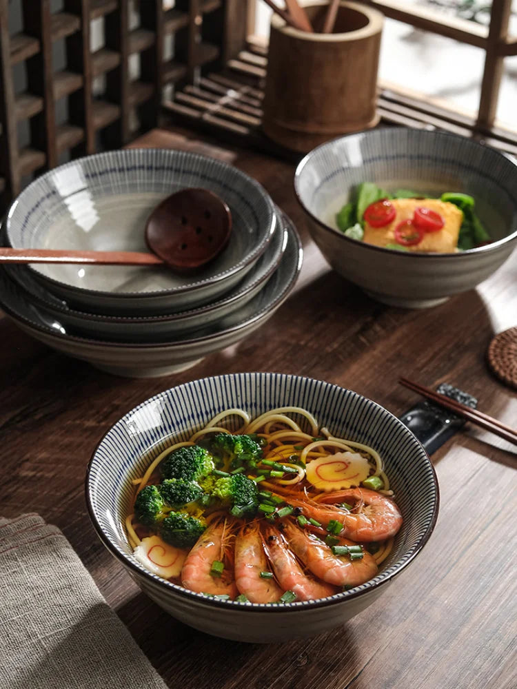 Afralia™ Ceramic Retro Large Soup Bowl Set with Spoon and Chopsticks