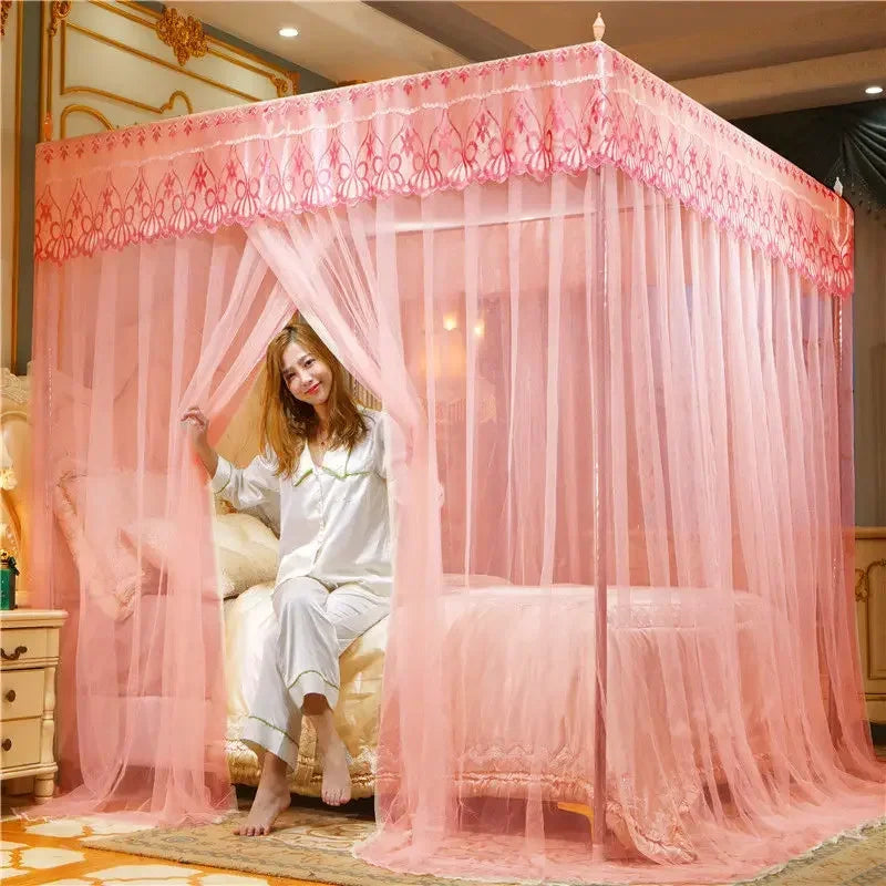 Afralia™ Mosquito Net Canopy for Queen Double Bed - Lace Pleated Embroidery Square