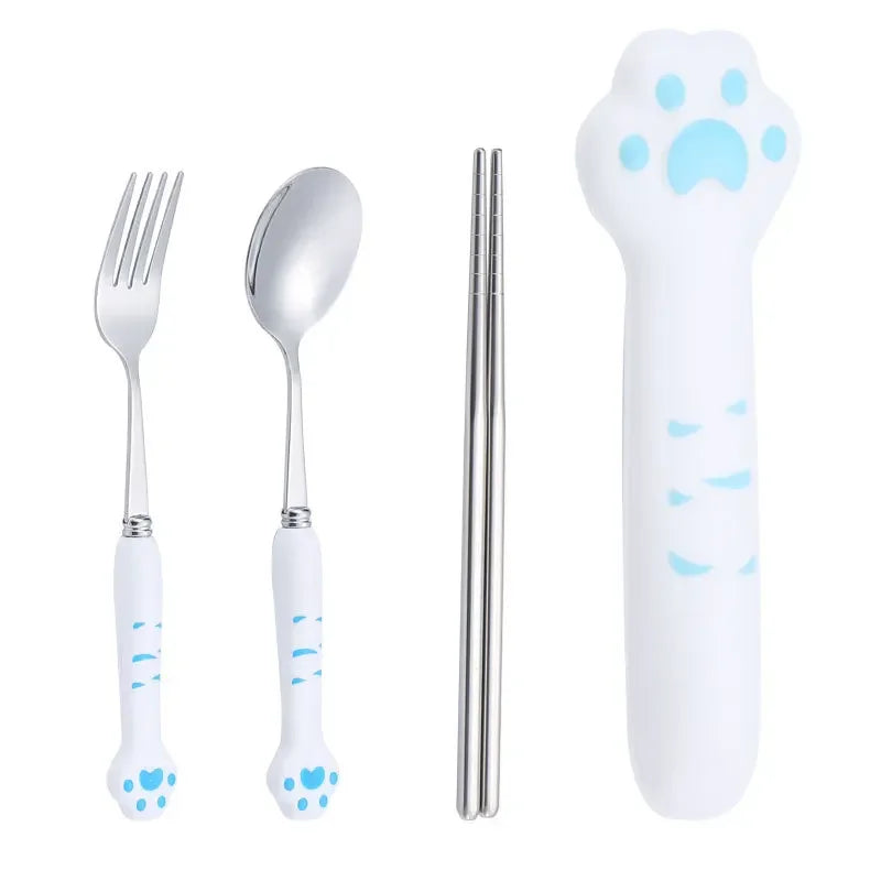 Afralia™ Kawaii Cat Claw Cutlery Set for Kids - Portable Outdoor Tableware Kit
