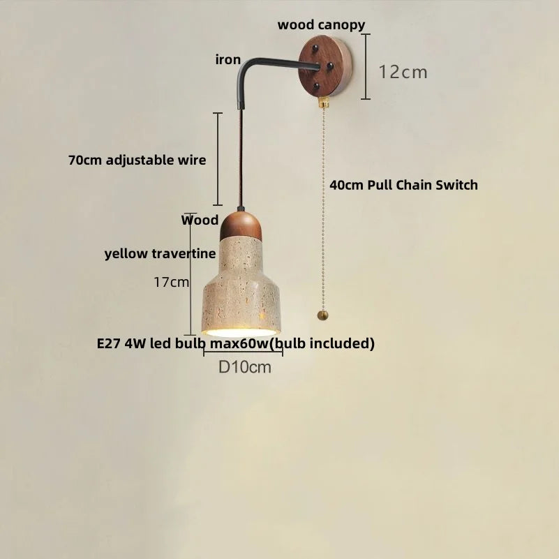 Afralia™ Wood Canopy LED Wall Sconce Yellow Travertine Stone Pull Chain Switch