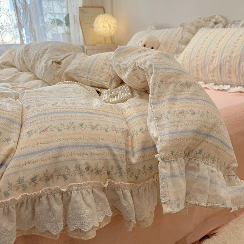 Afralia™ Floral Lace Ruffles Bedding Set in 100% Cotton, Korean Style, Single/Queen/King Size
