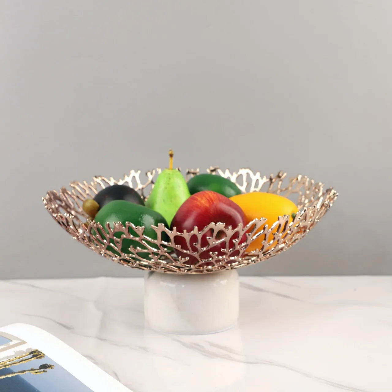 Afralia™ Coral Disc Pedestal | Metal Tray Marble Base Fruit Plate Gold Compote