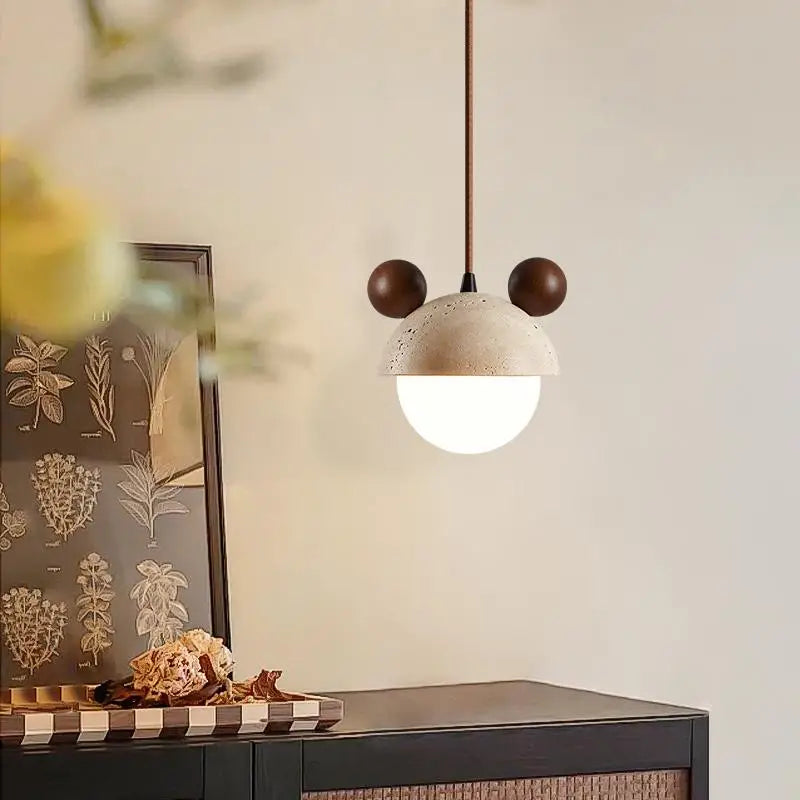 Afralia™ Cream Glass LED Pendant Lights Modern Wood Yellow Travertine Pendant Lamp
