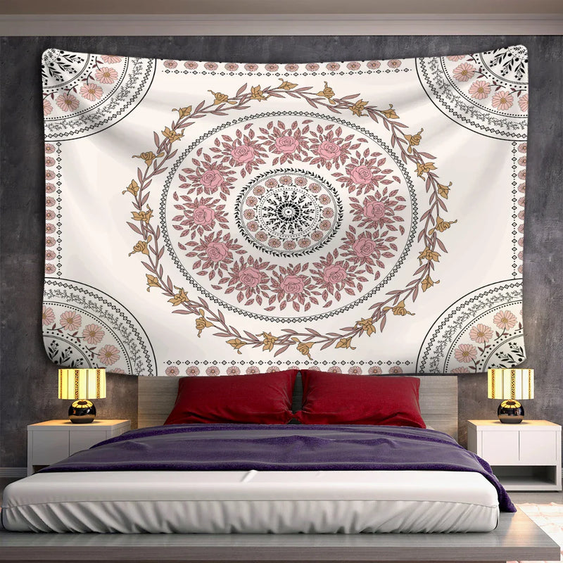 Afralia™ Pink Mandala Flower Tapestry Wall Hanging Aesthetic Boho Art Hippie Decor