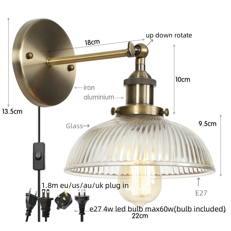 Afralia™ Black LED Wall Lamp Vintage Style Iron Bedside Light Glass Wall Sconce