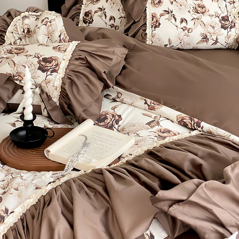 Afralia™ Brown Vintage Flowers Bedding Set - 4 Piece Collection