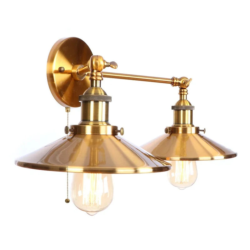 Afralia™ Vintage Gold Industrial Wall Lights with Pull Chain Switch and 2 Heads