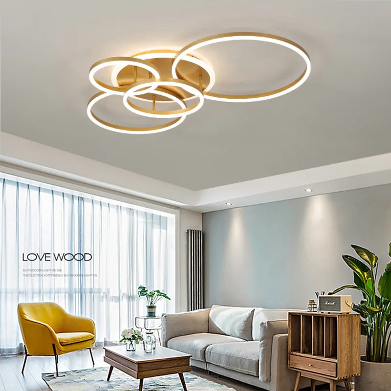 Afralia™ Brushed Golden LED Ceiling Chandelier for Modern Living Room and Bedroom Lighting