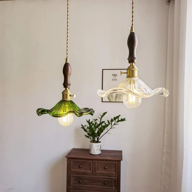 Afralia™ Japanese Style Green Glass LED Pendant Chandelier for Home Decor