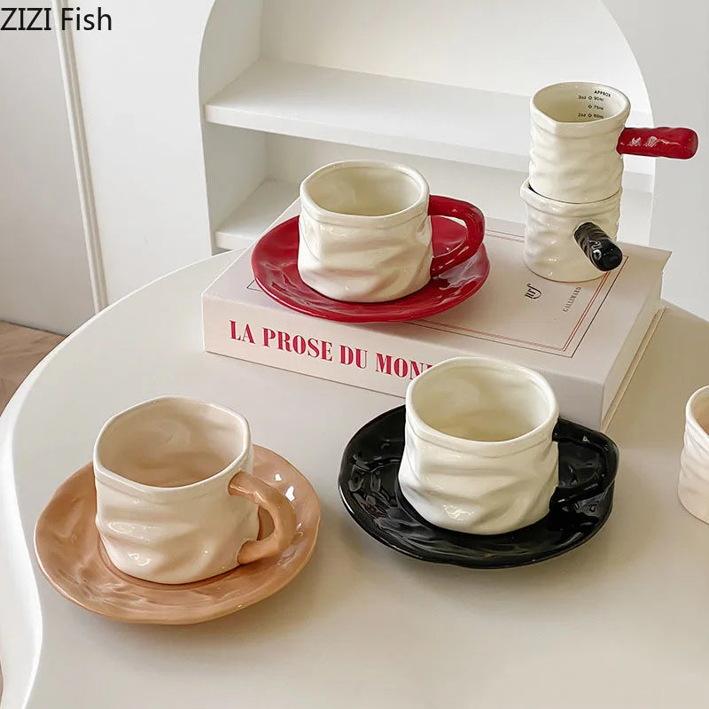 Afralia™ Pleated Paper Ceramic Cup&saucer Set - Elegant Dining Coffee Mug Tea Cup Juice Container