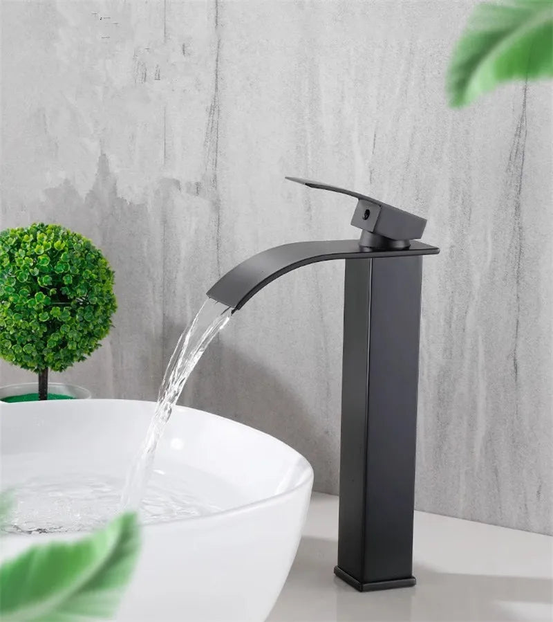 Afralia™ Black Brass Waterfall Bathroom Sink Faucet Cold Hot Mixer Single Handle Deck