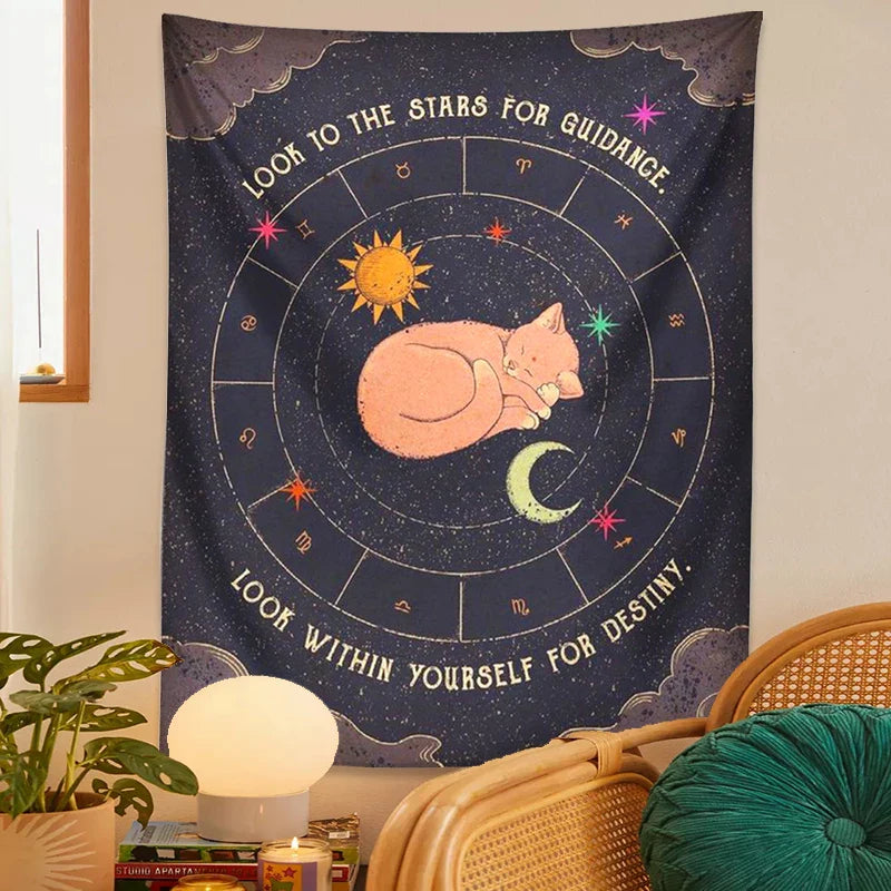 Afralia™ Tarot Cat Zodiac Astrology Sun Moon Wall Hanging Tapestry for Home Decor