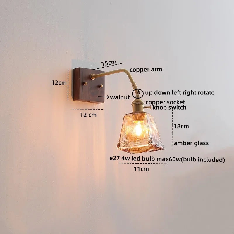 Afralia™ Walnut Copper LED Wall Lights Fixture with Pull Chain Switch - Modern Bedside Lamp