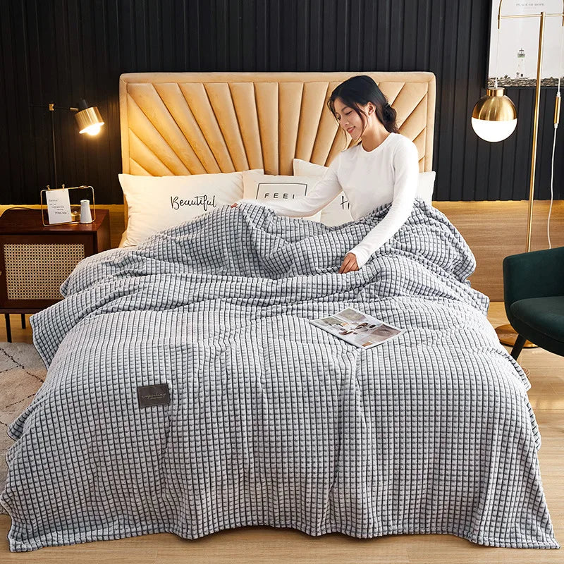 Afralia™ Plaid Double-Sided Coral Fleece Blanket for Bed or Sofa, Cozy Warmth