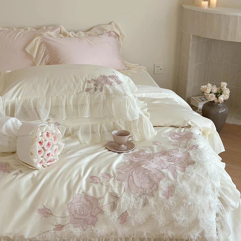 Afralia™ Luxury Princess Wedding Bedding Set with Flowers Embroidery & Lace Ruffles