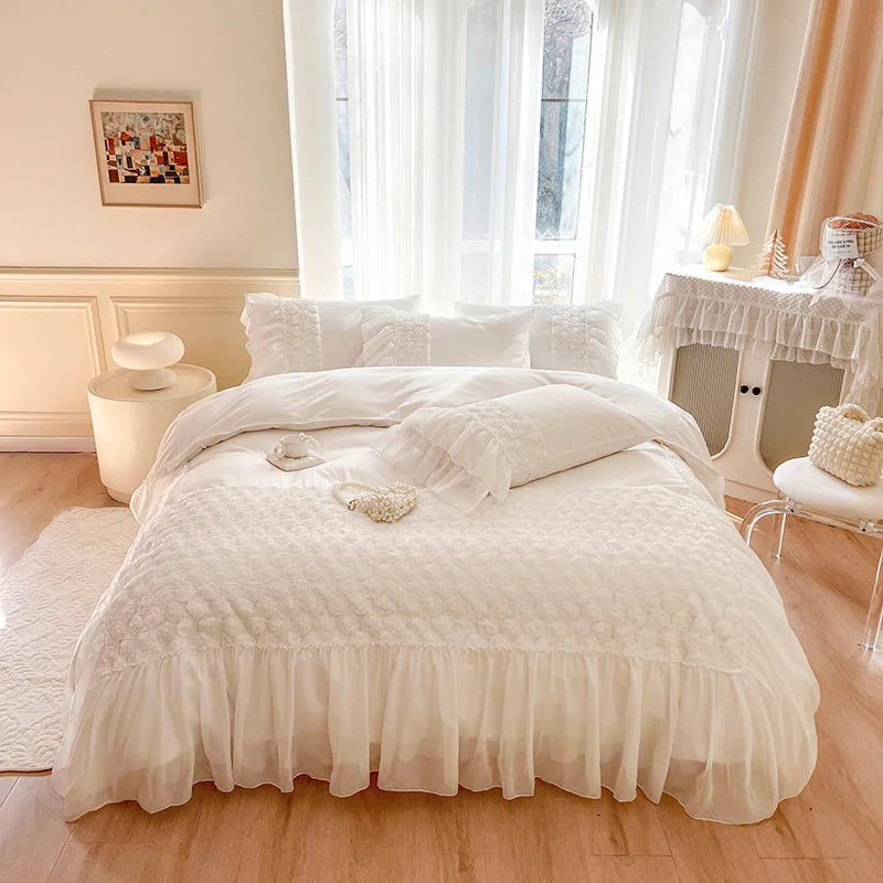 Afralia™ Rose Flowers Embroidery Princess Bedding Set - Pure Cotton, Lace Ruffles