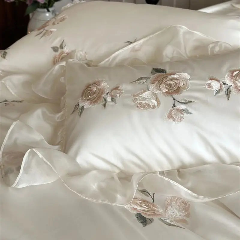 Afralia™ Rose Flowers Embroidery Lace Ruffles Wedding Bedding Set, 1000TC Egyptian Cotton