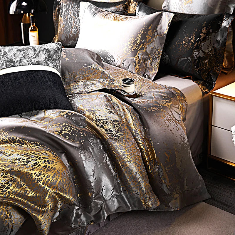 Afralia™ Silver Gray Satin Jacquard 1000TC Egyptian Cotton Bedding Set, Queen King Size