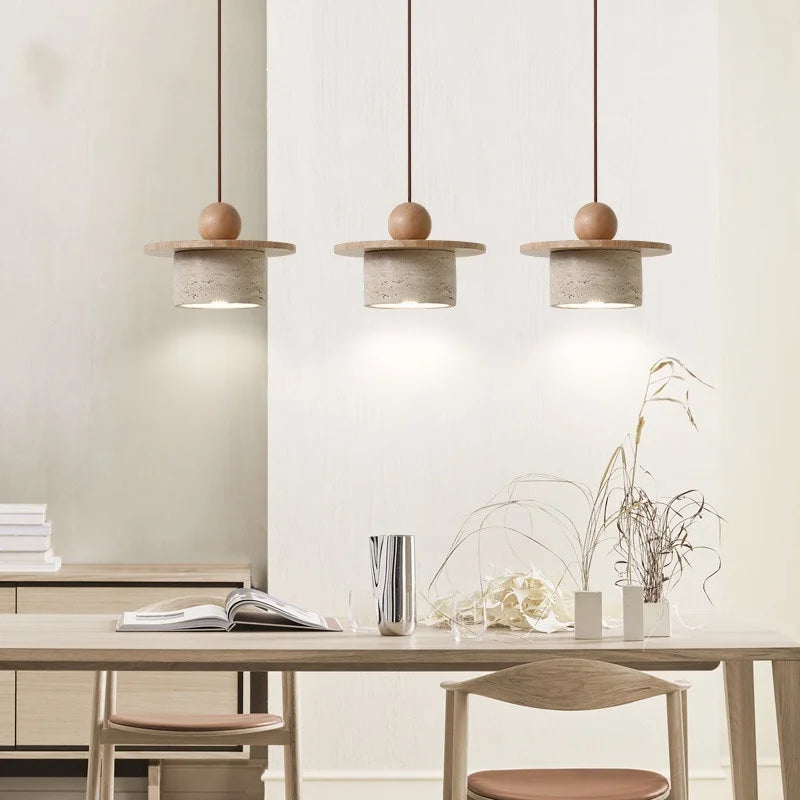 Afralia™ Wood Stone LED Pendant Chandelier Vintage Loft Adjustable Hang Lamp