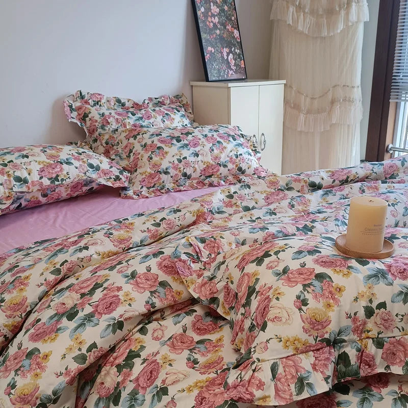 Afralia™ Vintage Rose Flowers Lace Ruffles Cotton Girl Bedding Set - 1 Duvet, 1 Sheet, 2 Pillowcases