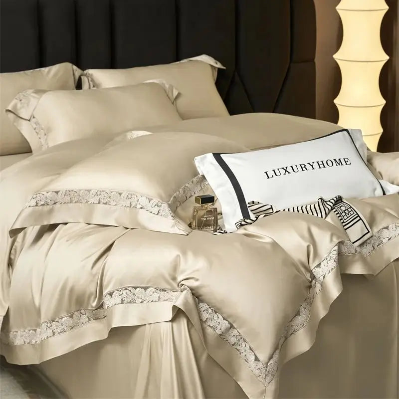 Afralia™ Soft Silky Lyocell Cotton Bedding Set with Hollow Lace Wide Edge
