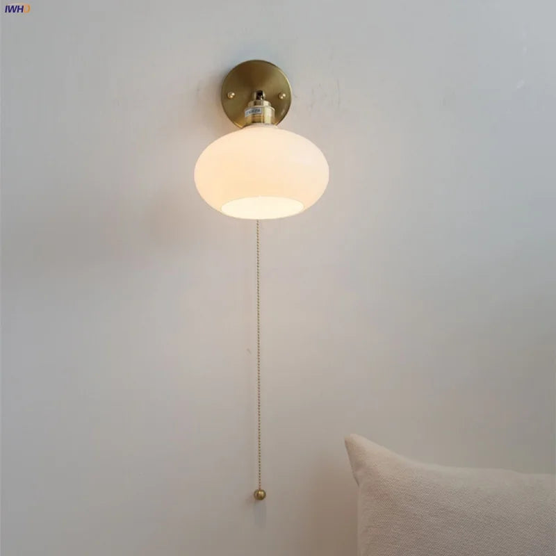 Afralia™ Japanese Style LED Wall Sconce White Glass Rotate Pull Chain Stair Light Fixtures
