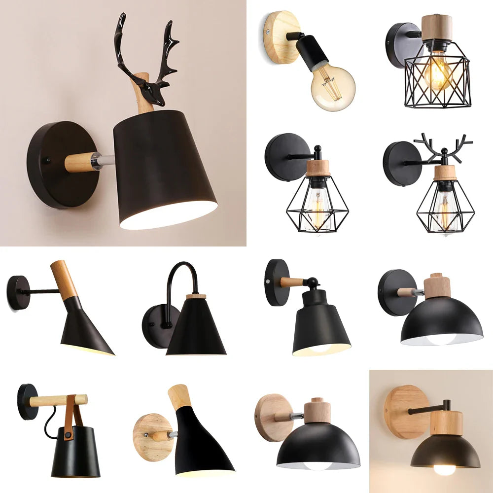 Afralia™ Black Wooden Wall Light Modern E27 LED Sconce Living Room Decor