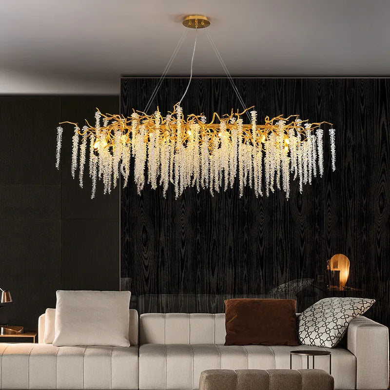 Afralia™ Crystal Tassel Ceiling Chandelier for Luxe Living Room, Hall, and Restaurant Decor