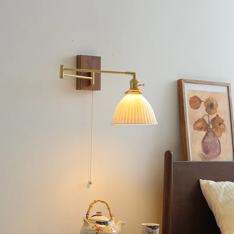 Afralia™ Ceramic Walnut LED Wall Lights for Modern Bedroom Living Room, Pull Chain Switch