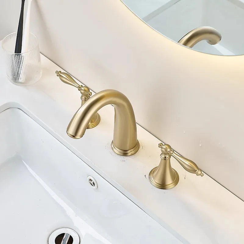 Afralia™ Brushed Gold Brass Basin Faucet | Widespread Waterfall Sink Faucet