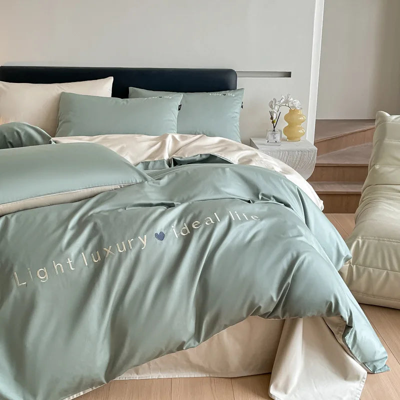 Afralia™ 120S Long Staple Cotton Satin Embroidery Bedding Set - Solid Color Twin Full Double Comforter