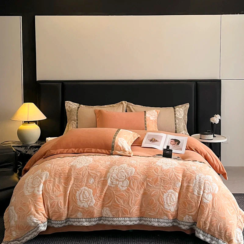 Afralia™ Winter Velvet Flowers Bedding Set: Warm & Cozy 4-Piece Duvet Cover, Bed Sheet, Pillowcases