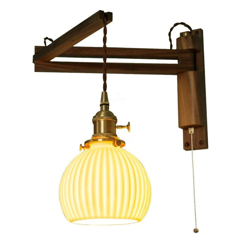Afralia™ Ceramic LED Wall Sconce Walnut Wood Copper Pull Chain Switch Light
