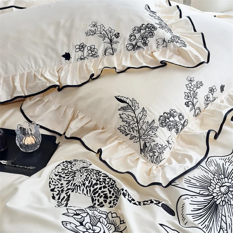 Afralia™ Vintage Flowers Leopard Print Ruffles Bedding Set in 100S Egyptian Cotton