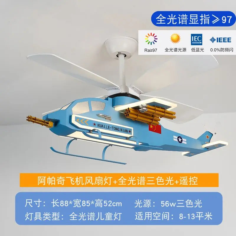 Afralia™ Children's Room Airplane Helicopter Fan Light - Creative Boy Bedroom Ceiling Light