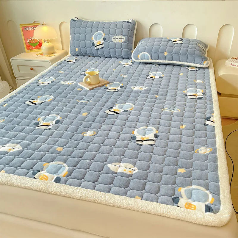 Afralia™ Milk Velvet Printed Mattress Topper: Thick Warm Cartoon Cushion for All Seasons