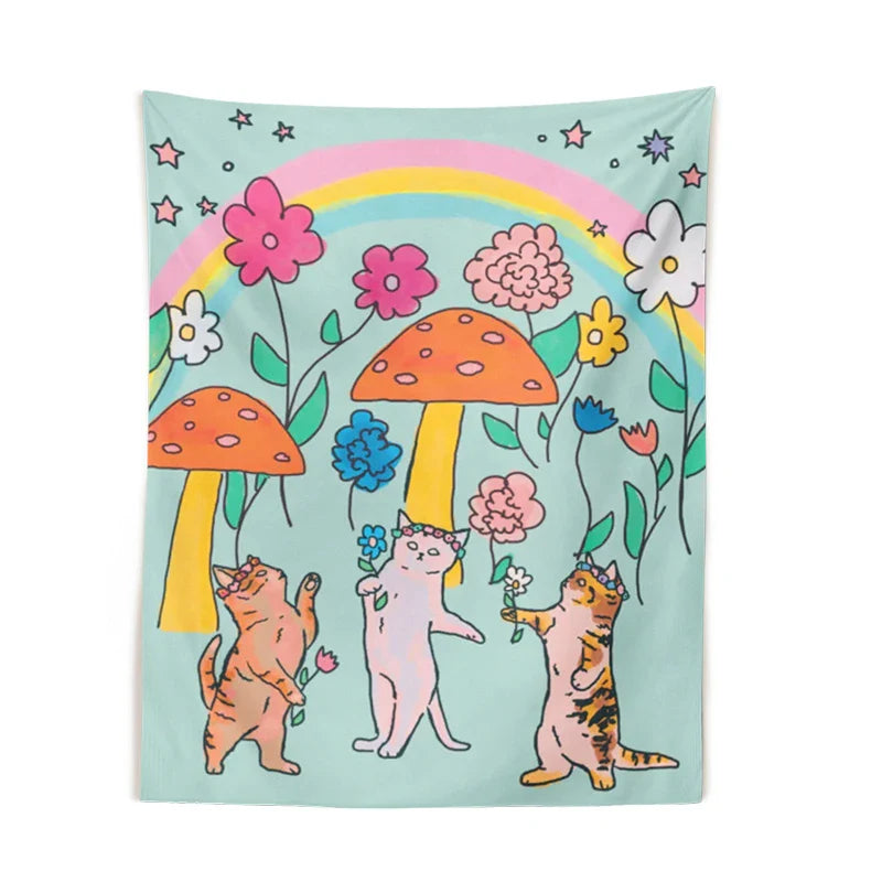 Flower Cats Moon Tapestry Wall Hanging Rainbow Carpet Tapestries for Boho Decor by Afralia™