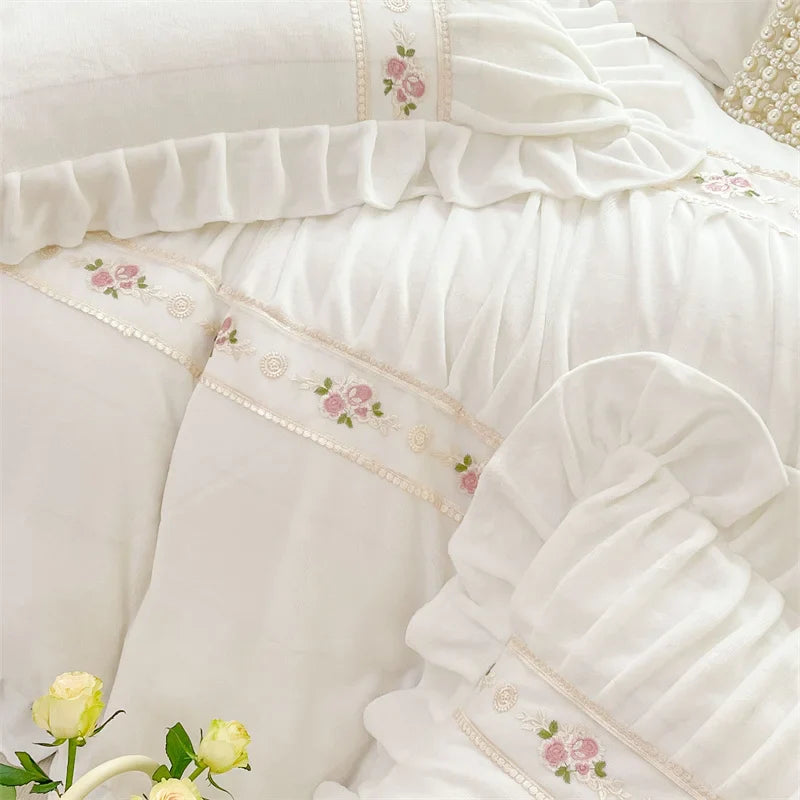 Afralia™ Pleat Lace Ruffle Princess Fleece Bedding Set