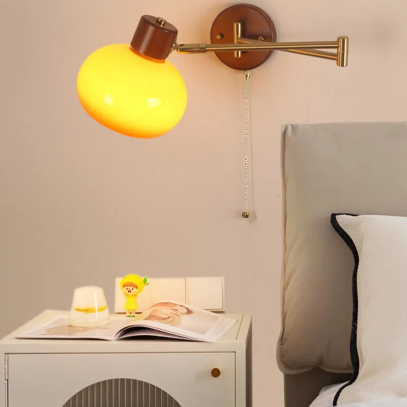 Afralia™ Modern Glass Swimg Arm LED Wall Lights for Study Bar Hotel Rotate Wood Bedside Lamp