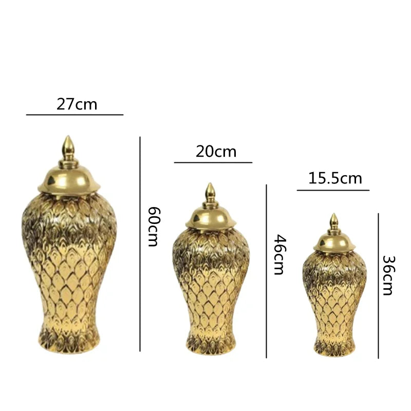 Afralia™ Gold Ceramic Vintage Bottle Ginger Pot Flower Vase Decor Ornament