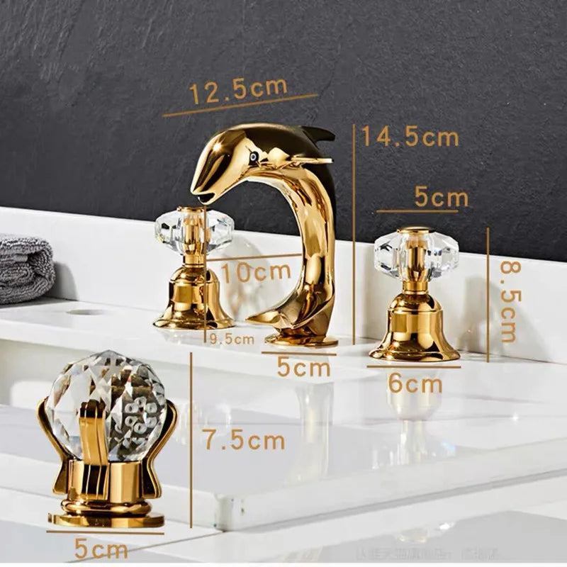 Afralia™ Gold Basin Faucet: Brass Nickel Dolphin Bathroom Sink Faucet, 3 Hole Widespread