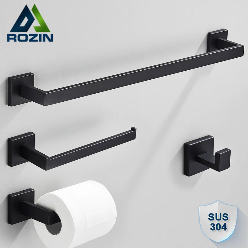 Afralia™ Black Stainless Steel Bathroom Accessories Set: Towel Bar, Paper Holder, Hook & Bath Rack