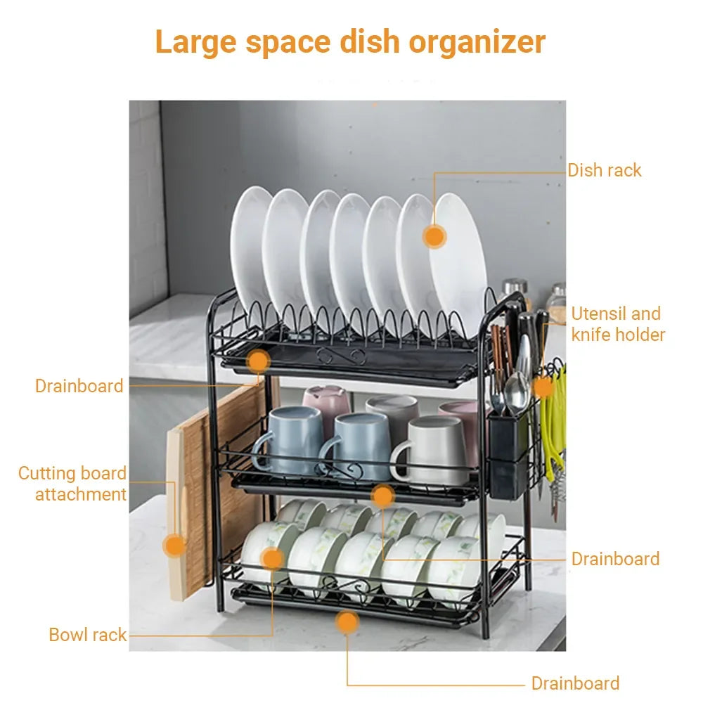 Afralia™ 3-Tier Kitchen Drying Rack & Dish Organizer Shelf with Drain Board