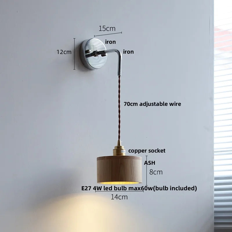 Afralia™ Ash Wood LED Wall Light with Pull Chain Switch, Japanese Style Bedside Lamp