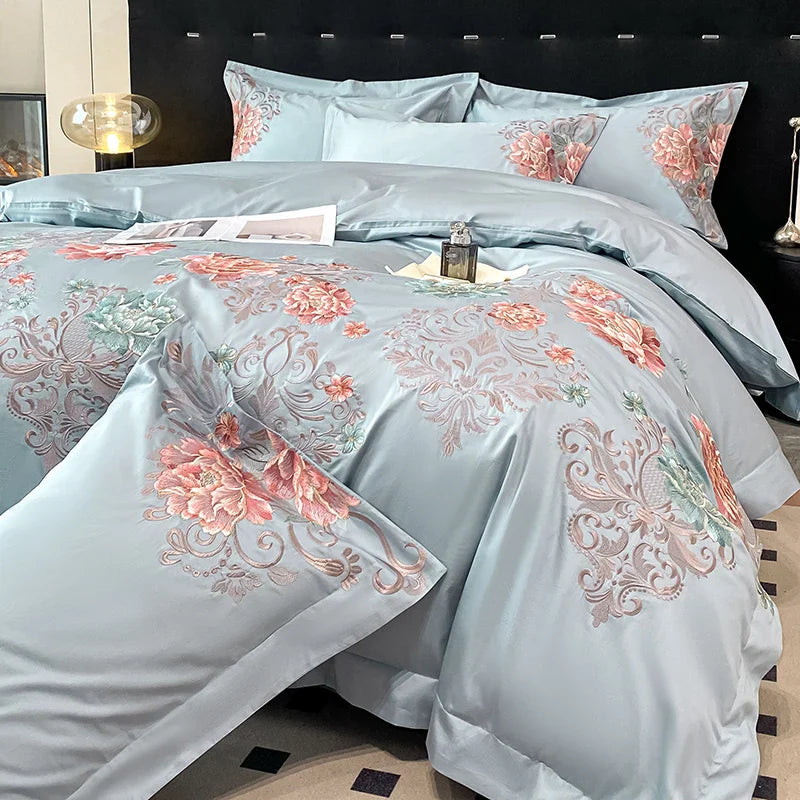 Afralia™ Luxury Flowers Embroidery Cotton Bedding Set - Queen King Size