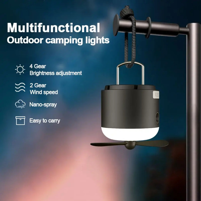 Afralia™ 4-in-1 Rechargeable LED Camping Lantern with Fan & Spray