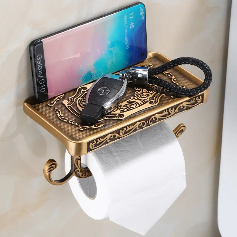 Afralia™ Antique Black Toilet Paper Holder with Phone Shelf