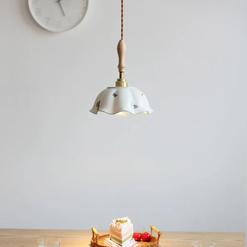 Afralia™ Butterfly Ceramic LED Pendant Lamp with Wooden Handle for Home Decor