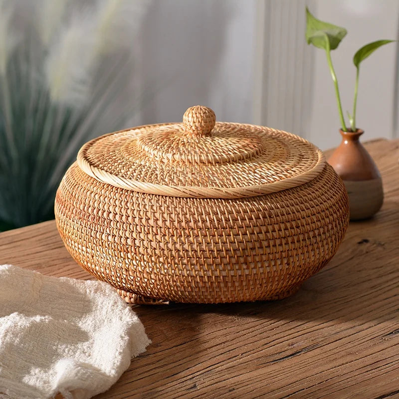 Afralia™ Handwoven Rattan Storage Box With Lid - Kitchen Food Containe